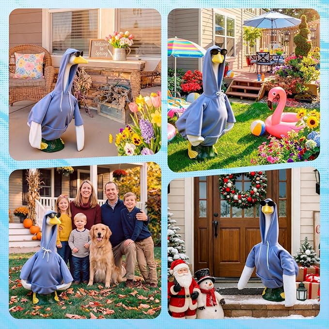 Blue Hoodie Goose Outfit Hooded Sweatshirt Porch Goose Clothes Dress with Wide Hat Sunglass Blue Sweatshirt Geese Costume for 17-23 Inch Geese Statue Luau Outdoor Patio Lawn Yard Garden Decor