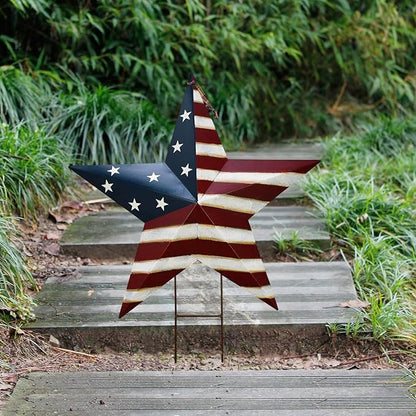 Metal Star Barn Yard Sign Garden Stake Decor for 4th of July, American Flag Patriotic Star Yard Stake Lawn Ornament Independence Day Memorial Day Outdoor Decorations (1, 27.5"H A)