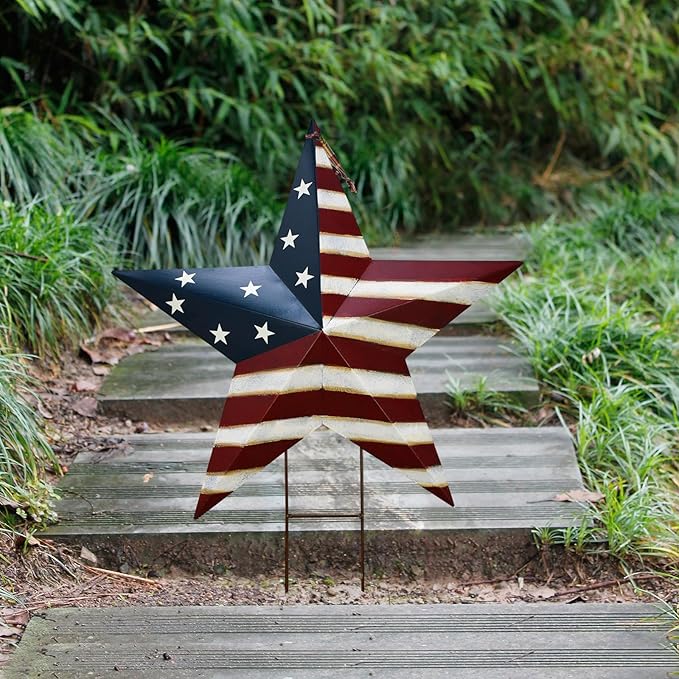 Metal Star Barn Yard Sign Garden Stake Decor for 4th of July, American Flag Patriotic Star Yard Stake Lawn Ornament Independence Day Memorial Day Outdoor Decorations (2, 27.5"H A)