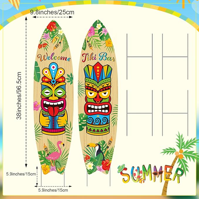Queekay 2 Pcs Tiki Yard Sign Luau Hawaiian Tropical Party Decoration Outdoor Tiki Sign with Stakes for Summer (Skateboarding Style)