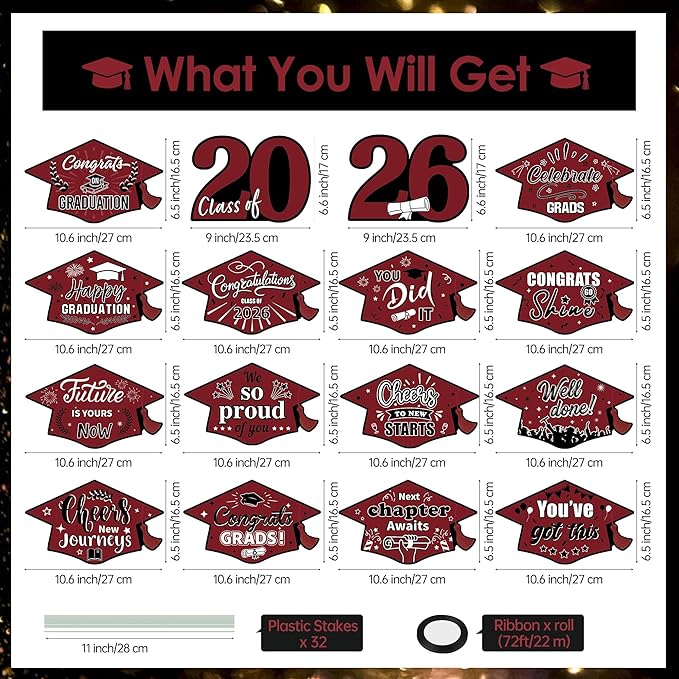 16 Pieces 2026 Graduation Yard Signs Plastic Congrats Grad Decor with 32 Stake and Ribbon Graduate Cap Hanging Yard Sign for Party Outdoor Lawn Pathway Walkway Decorations(Maroon)