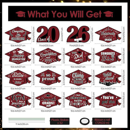 16 Pieces 2026 Graduation Yard Signs Plastic Congrats Grad Decor with 32 Stake and Ribbon Graduate Cap Hanging Yard Sign for Party Outdoor Lawn Pathway Walkway Decorations(Maroon)