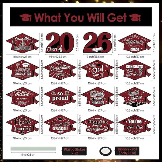 16 Pieces 2026 Graduation Yard Signs Plastic Congrats Grad Decor with 32 Stake and Ribbon Graduate Cap Hanging Yard Sign for Party Outdoor Lawn Pathway Walkway Decorations(Maroon)