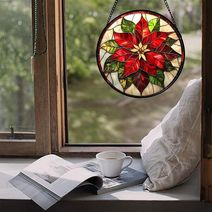 Stained Glass Window Hanging - Red Poinsettia Birth Flowers Suncatcher for Door Garden Yard Sun Catchers Decor Christmas Mother's Day Birthday Gifts for Women Mom Nana Teacher Friend 6.3 in