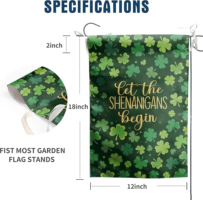St Patricks Day Garden Flag 12x18 Double Sided for Outside Shamrock Clover Let the Shenanigans Begin Yard Signs Saint Patrick Spring Outdoor Decorative