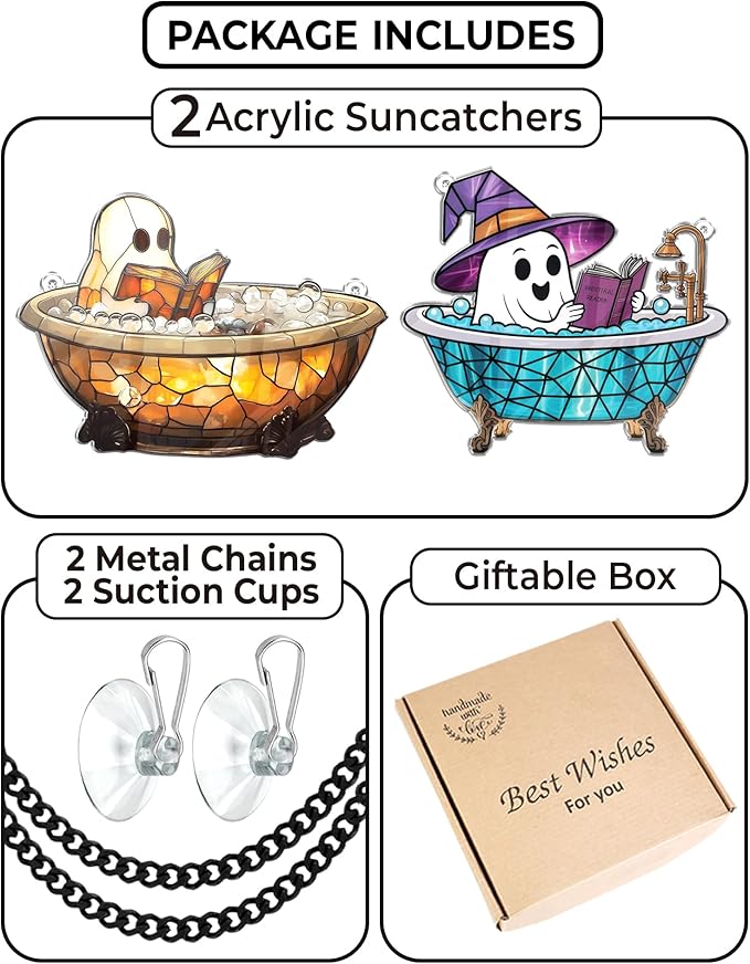 2 Boo Bathtub Acrylic Suncatchers, Gothic Cute Ghost Reading Book Window Hanging 6" Ornaments, Halloween Horror Home Decor Witch Handmade Wall Art, Gift for Women Mom Friends Family