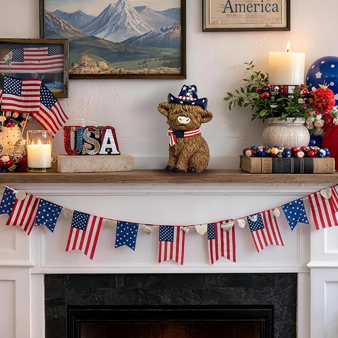 TISEJOY 8" 4th of July Decorations Outdoor Highland Cow Statue for Memorial Day, Highland Cow Decor,Patriotic Decorations for Home Decor, Stars and Stripes Highland Cow Figurines for Desk Garden