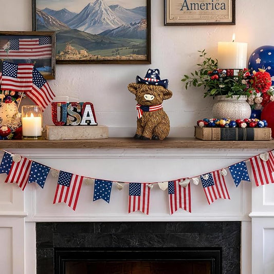 TISEJOY 8" 4th of July Decorations Outdoor Highland Cow Statue for Memorial Day, Highland Cow Decor,Patriotic Decorations for Home Decor, Stars and Stripes Highland Cow Figurines for Desk Garden