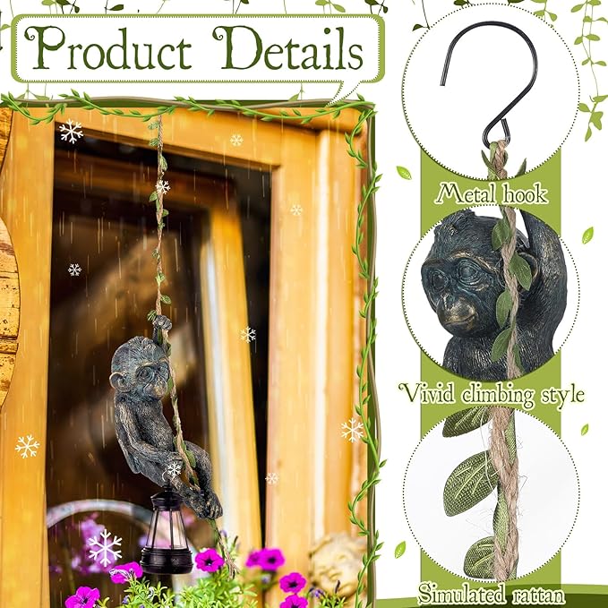 Rossesay Solar Light Outdoor Monkey Statues Bronze 7.48 Inch Resin Chimpanzee Baby Monkey Climbing on Vine with LED Lantern Waterproof Hanging Figurine with Hook for Yard Garden Wall