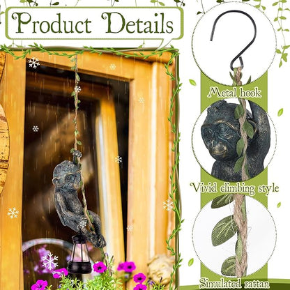 Rossesay Solar Light Outdoor Monkey Statues Bronze 7.48 Inch Resin Chimpanzee Baby Monkey Climbing on Vine with LED Lantern Waterproof Hanging Figurine with Hook for Yard Garden Wall