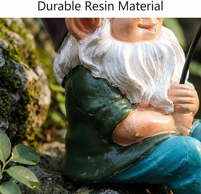 Garden Gnome Fishing Statue, 9.7" Koi Pond Decor with Glow in Dark Pebbles, Great Gift for Mom