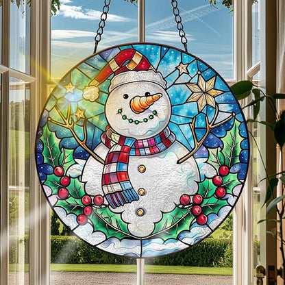VAIIEYO Christmas Sun Catcher Stained Glass Window Hanging Ornament, Handmade Sun Catcher Snowman Decoration with Hooks for Window Garden Home, Christmas & Birthday Housewarming Gift (7.8 inch)