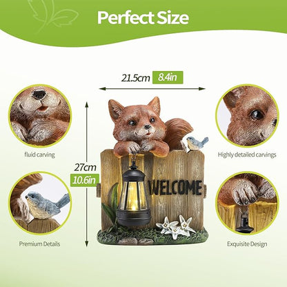 Solar Fox Garden Statue with Hanging Lantern Light, Resin Outdoor Welcome Sign Decor, Waterproof Solar Powered Garden Decoration for Yard, Lawn, Patio, 10.6"