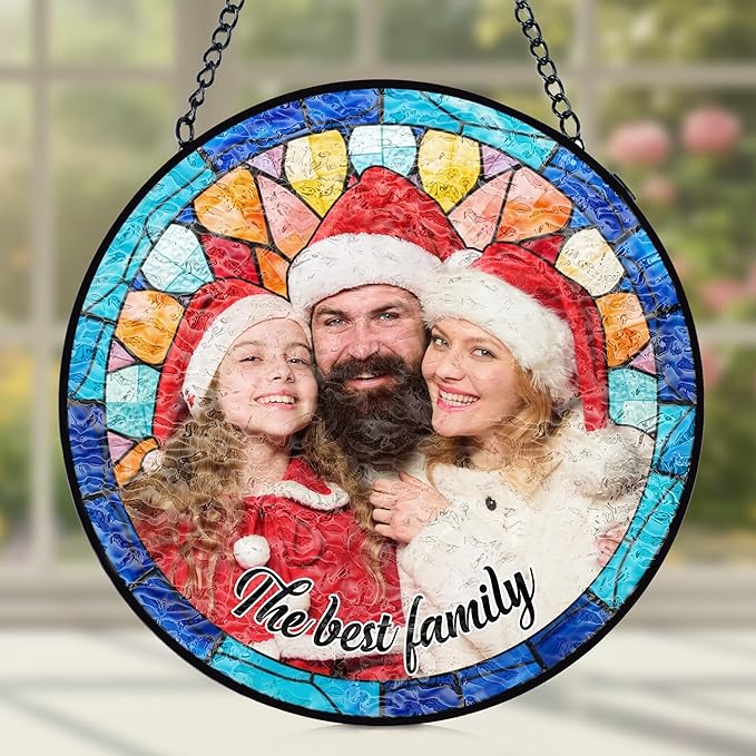Personalized Mom Stained Glass Windows Hanging, Family Picture Suncatcher Ornament, Custom Photo Gift, Christmas Birthday Grandparents Mom Gifts