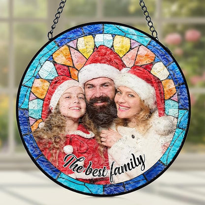 Personalized Mom Stained Glass Windows Hanging, Family Picture Suncatcher Ornament, Custom Photo Gift, Christmas Birthday Grandparents Mom Gifts
