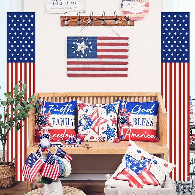 Babycop 4th of July Decorations Outdoor – Patriotic American Flag Porch Banners (2 Pcs) – Red White Blue Hanging Signs for July Fourth, Memorial Day, Veterans Day, Independence Day Yard Decor