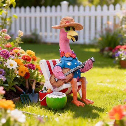 TERESA'S COLLECTIONS Pink Flamingo Garden Decor with Solar Light, Flamingo Summer Outdoor Decor, Chill Hawaiian Relaxed Beach Tropical Resin Garden Statues for Porch Lawn Yard 7.3"