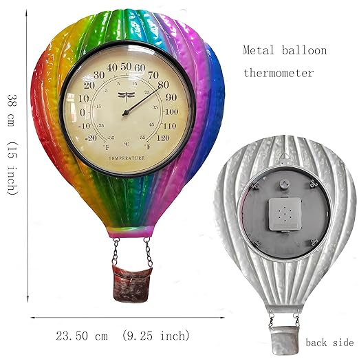 Metal Balloon Thermometer Indoor Outdoor Wall Art Decor, Colorful hot Balloon Plaque Sculpture Hanging Mounted for Living Room Bedroom Kitchen Workroom Patio, no Battery Required