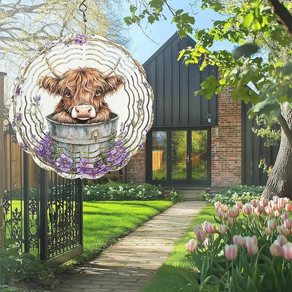 Highland Cow Wind Spinners Outdoor, Hanging Wind Spinner for Garden Decoration, 8 inch 3D Stainless Steel Metal Wind Sculpture for Indoor/Outdoor Decor