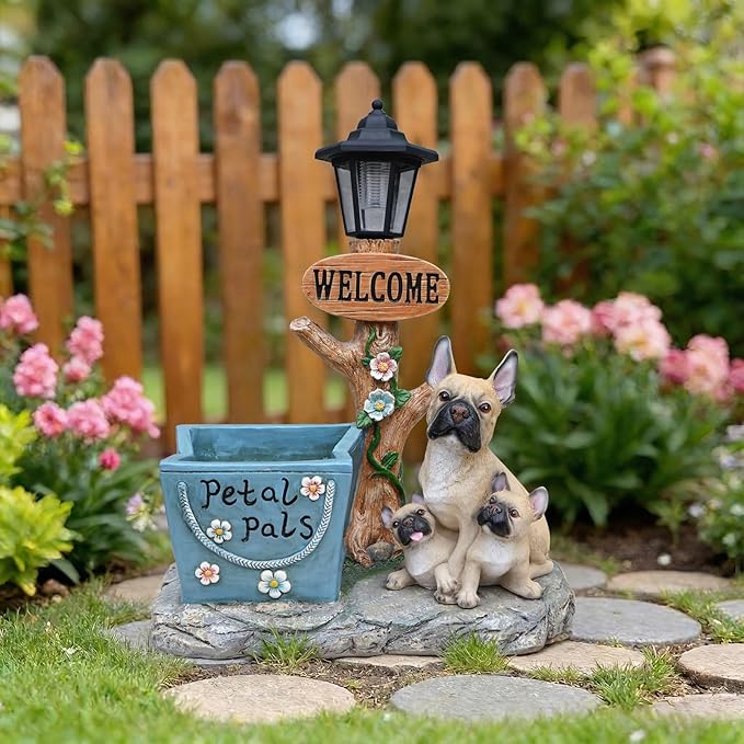 Solar Garden Statue with Planter & Solar Lantern, Outdoor Resin Animal Sculpture, Waterproof Yard Lawn Decor Pot for Succulents, Front Porch Ornament Housewarming Gift (French Bulldog)