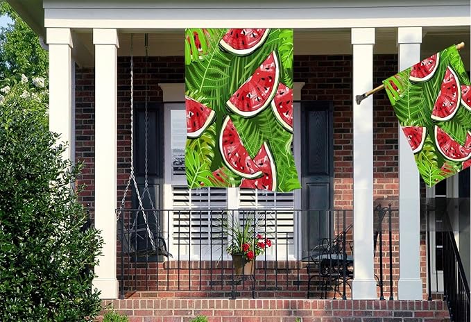 Mugod Sweet Watermelon House Flag 28 x 40 Vertical Double Sided, Black Seed Red Pulp Green Skin Summer Themed Farmhouse Holiday Outside Decorations Large Burlap Yard Flag