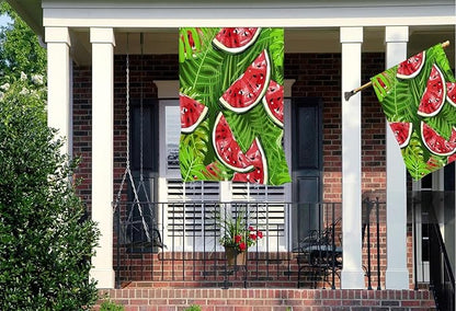 Mugod Sweet Watermelon House Flag 28 x 40 Vertical Double Sided, Black Seed Red Pulp Green Skin Summer Themed Farmhouse Holiday Outside Decorations Large Burlap Yard Flag
