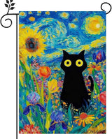 Oil Painting Starry Night Sky Moon Cat Flowers Spring Garden Flag 12x18 Inch Double Sided Small Burlap Yard Flag Seasonal Farmhouse Outdoor Outside Holiday Decoration