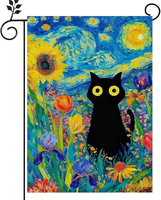 Oil Painting Starry Night Sky Moon Cat Flowers Spring Garden Flag 12x18 Inch Double Sided Small Burlap Yard Flag Seasonal Farmhouse Outdoor Outside Holiday Decoration