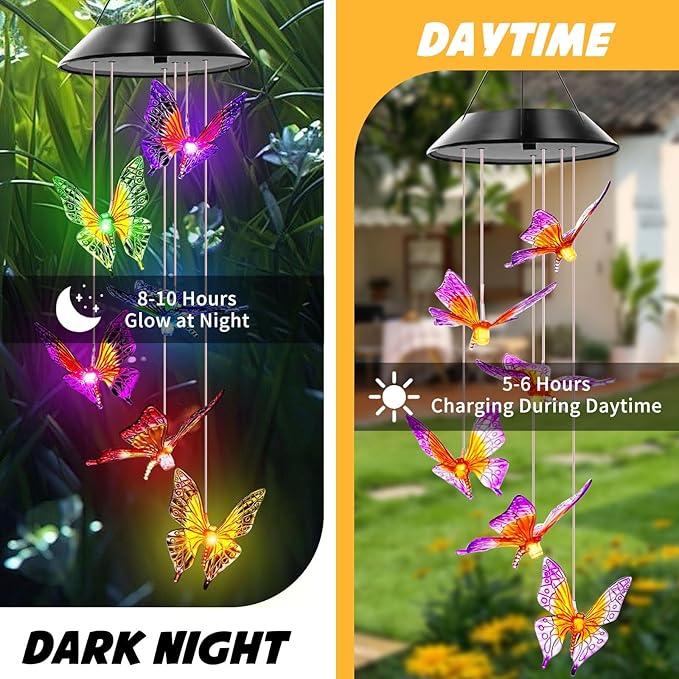 Butterfly Solar Wind Chimes, Butterfly Wind Chimes for Outside,Best Gifts for Mom Grandma Women Wife Aunt Sister, Unique Mobile Wind Chime, Garden Yard Decor
