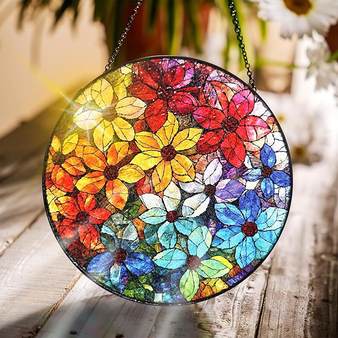 Bimkole Colorful Flower Stained Glass Suncatcher Window Hanging - Design for Indoor Window or Doorway Decoration - 7.87x7.87 inch with Chain and Hook - Unique Home Decor Gift
