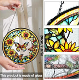 Bimkole Sunflower Stained Glass Suncatcher Window Hanging - Butterfly Design for Indoor Window or Doorway Decoration - 7.87x7.87 inch with Chain and Hook - Unique Home Decor Gift