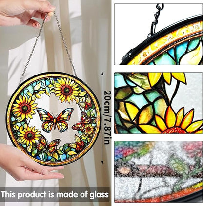 Bimkole Sunflower Stained Glass Suncatcher Window Hanging - Butterfly Design for Indoor Window or Doorway Decoration - 7.87x7.87 inch with Chain and Hook - Unique Home Decor Gift