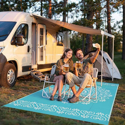 Pauwer Waterproof Outdoor Rug 5x8, Reversible Plastic Straw Patio Camping Rug, Indoor Outdoor RV Mat Carpet for Deck, Camper, Porch, Balcony, Backyard, Picnic, Floral Teal