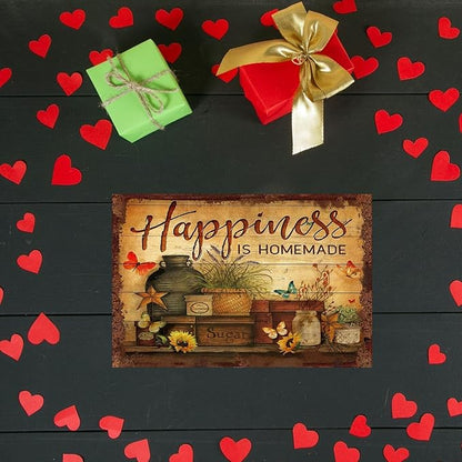Flowers Metal Poster, Country Rustic Butterfly Tin Sign, Happiness is Homemade, Yard Garden Garage Farm Outside Wall Decor Plaque Outdoor for Home Fence 8 X 12 Inch