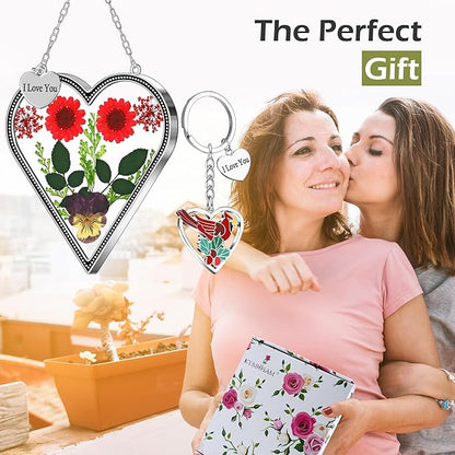 KY&BOSAM Heart Suncatcher I Love You Stained Glass Wind Chime for Windows Pressed Flower Between Heart in Glass and Metal Engraved Charm Birthday Gift for Women Mom Mother's Day Valentine's Christmas