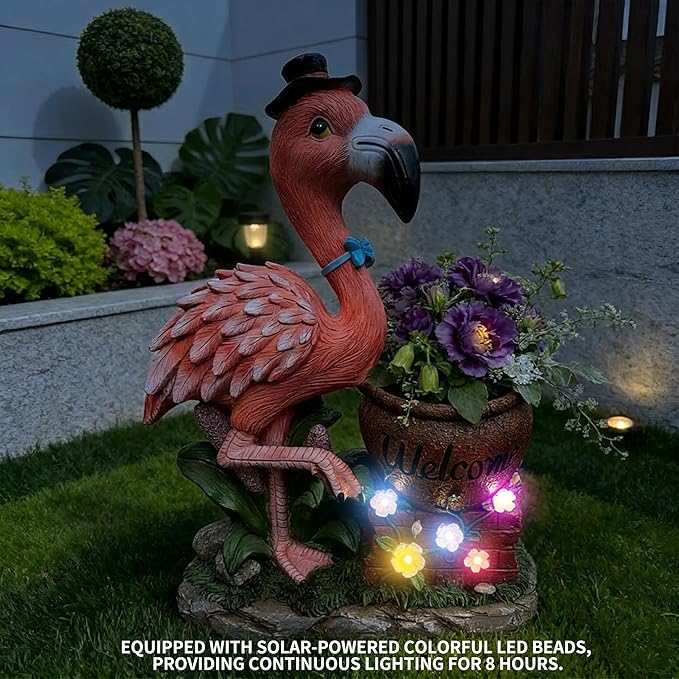 Flamingo Garden Statue Planter with Welcome Sign & Solar LED Light, Waterproof Outdoor Resin Yard Decor, Front Porch Ornament Housewarming Gift(Left Pink Flamingo)