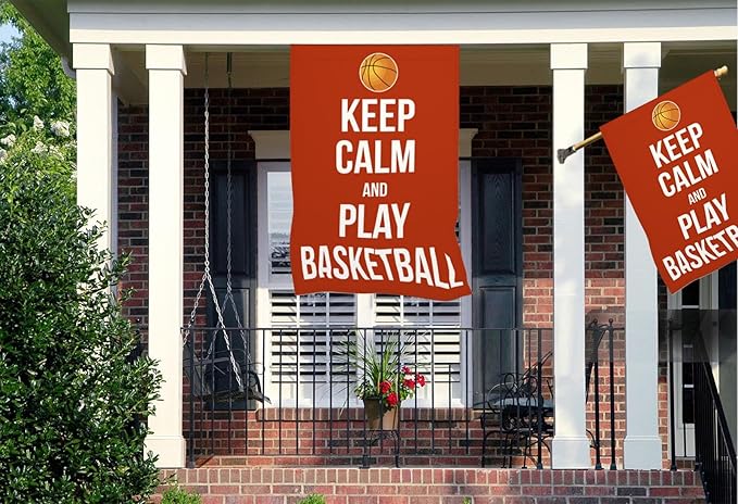Mugod Basketball House Flag 28x40 Inch Double Sided Outside, Keep Calm and Play Basketball Motivational Quote Word Party Holiday Burlap Yard Garden Outdoor Decoration