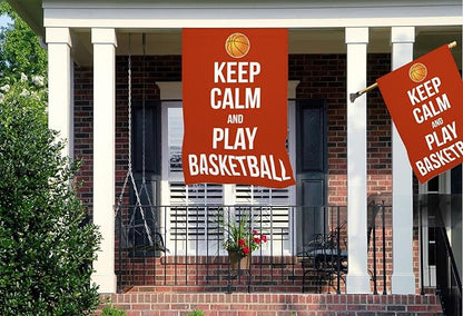 Mugod Basketball House Flag 28x40 Inch Double Sided Outside, Keep Calm and Play Basketball Motivational Quote Word Party Holiday Burlap Yard Garden Outdoor Decoration