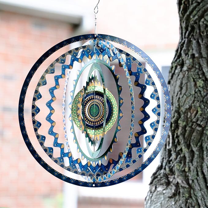 Geometric Stainless Steel Garden Wind Spinner, 11" 3D Kinetic Sculpture Outdoor Garden Tree Decoration, Unique Gifts