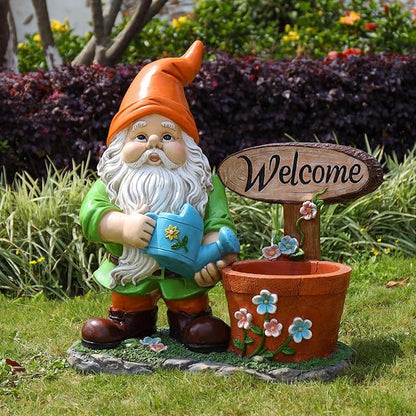Gnome Garden Statue Planter with Welcome Sign, Waterproof Outdoor Resin Flower Pot, Yard Lawn Patio Decor, Front Porch Ornament Housewarming Gift(Orange Hat Gnome)