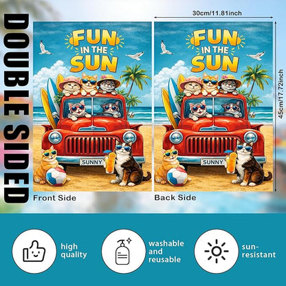 Nuxovilar Large Summer Garden Flag Fun In The Sun Cat Beach Truck Pattern Polyester 28×40 Inches Garden Flags for Outside Fun Decor Yard Porch Lawn
