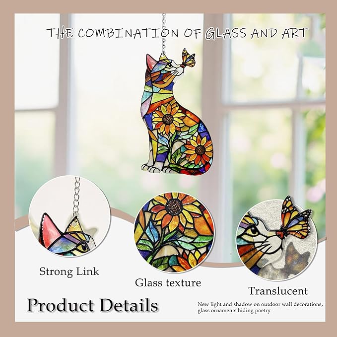 Stained Glass Suncatchers for Windows, Hanging Sun Catchers Indoor Window, Cat Suncatcher for Home Decor, Garden, Patio(UV Printed)