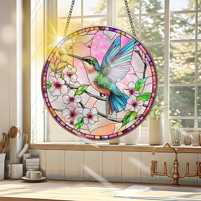 VAIIEYO Hummingbird Sun Catcher Stained Glass Window Hanging Ornament, Handmade Sun Catcher Animal Decoration with Hooks, Window Garden Home, Birthday Housewarming (7.8 inch)
