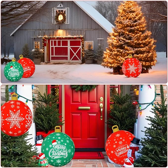 Flasoo 3 Pack Giant Christmas Ornaments, 24 Inch Inflatable Ornaments Balls Outdoor for Christmas Decorations, Giant Outdoor Jingle Bells for Front Door Yard Tree Hanging Decoration