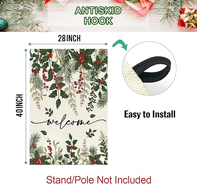 Baccessor Christmas House Flag 28x40 Inch Double Sided Poinsettia Holly Red Berries Floral Welcome Winter Lage Garden Flag Farmhouse Vintage Outside Outdoor Yard Holiday Decoration