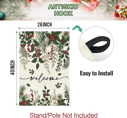 Baccessor Christmas House Flag 28x40 Inch Double Sided Poinsettia Holly Red Berries Floral Welcome Winter Lage Garden Flag Farmhouse Vintage Outside Outdoor Yard Holiday Decoration