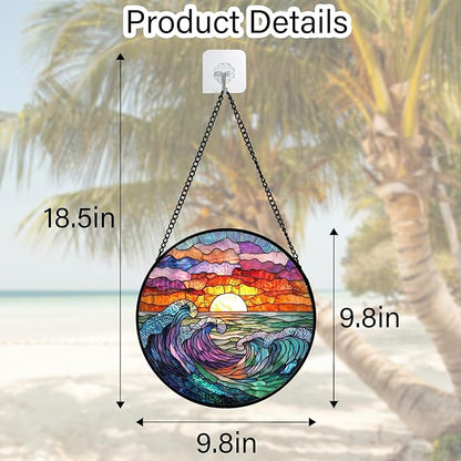 DASTOLL Stained Glass Window Hanging, Clouds and Sea Waves Suncatcher Diamond Glass Panel Hangings Scenery Sun Catchers Decor for Birthday for Women, Men, Wife, Aunt, and Mom 7.8 in