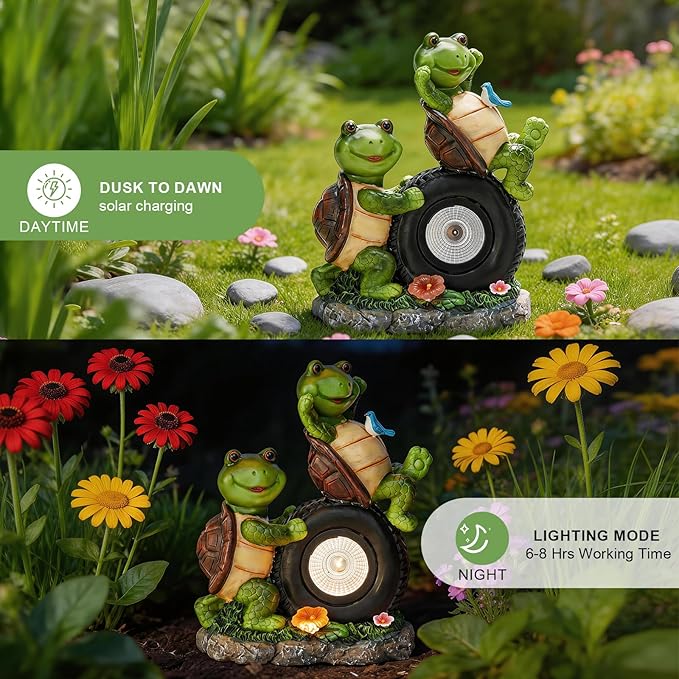 Frog Garden Decor, Solar Garden Lights Frog Statue, 9.25'' Frog Outdoor Decor, Outdoor Frog Figurines Decorations for Patio Yard Lawn Ornaments, Gifts for Birthday Housewarming Mothers Day ﻿
