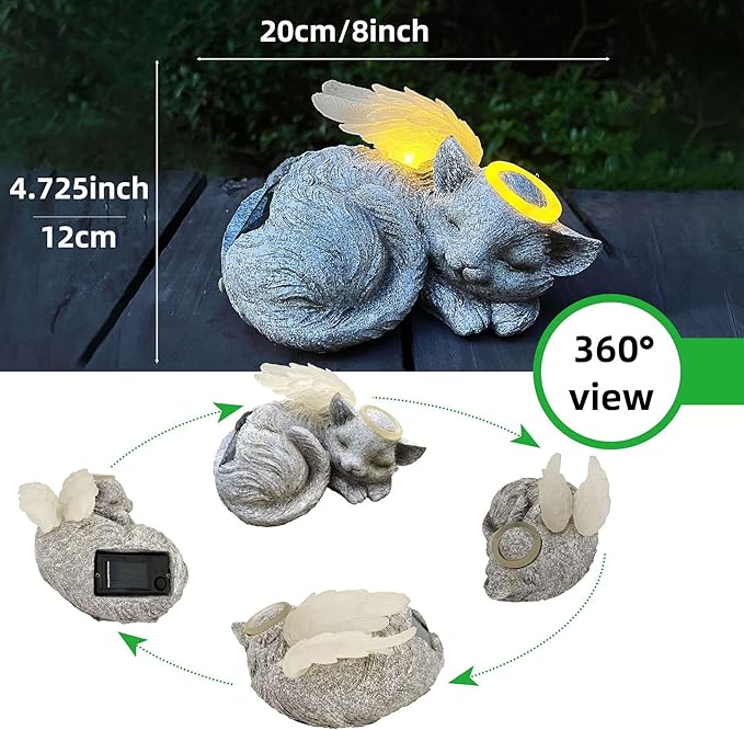 Banax Solar Powered Cat Angel Pet Memorial Tombstone Statue, Big Resin Cat Statue with Angel Wings, Pet Tribute for Tombstone or Outdoor Backyard Garden