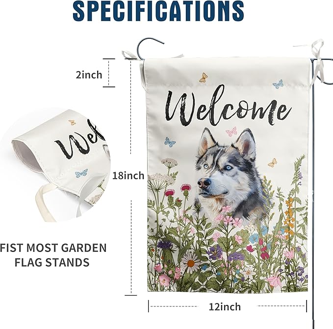 Spring Summer Garden Flag Floral Husky Yard Flag Flower Dog Garden Flags for Outside Small Outdoor Welcome Flags 12x18 Double Sided